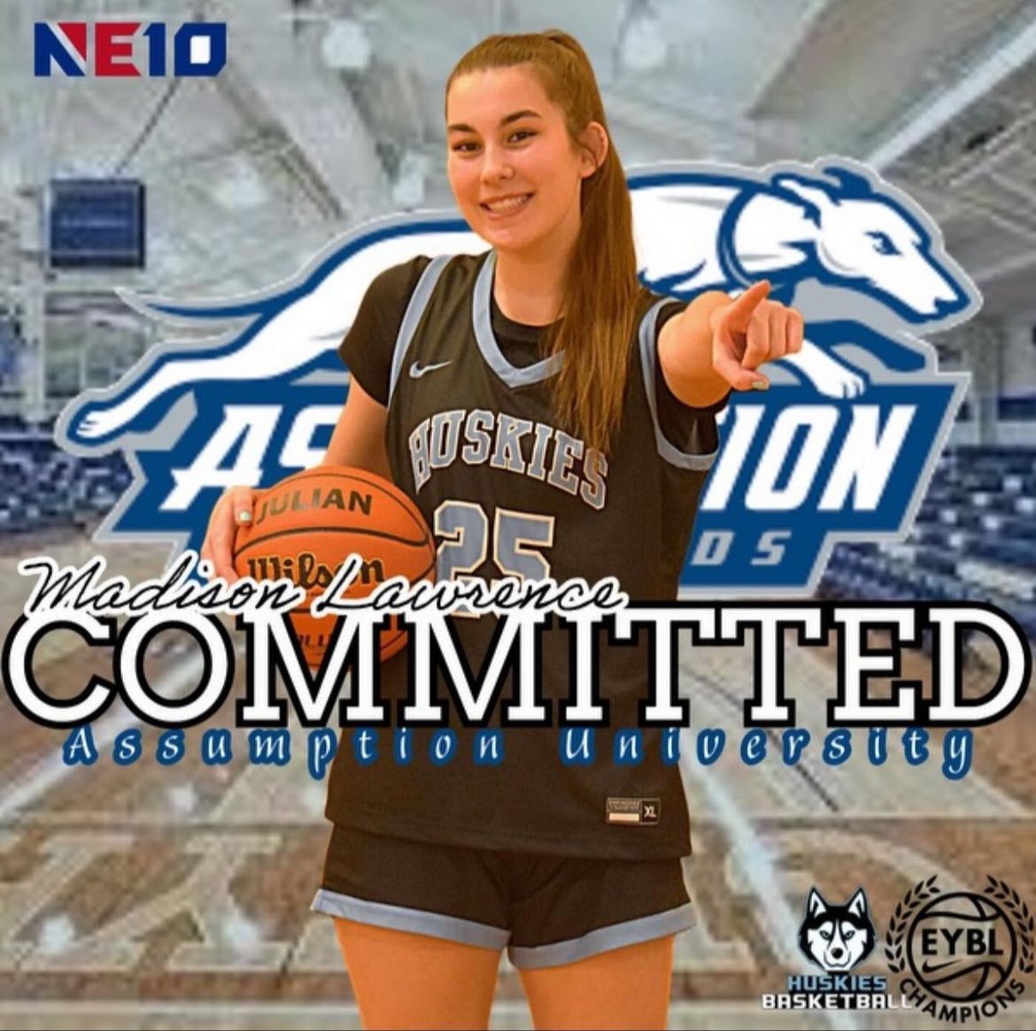 Congratulations to @mlawrence795 on her commitment to D2 @assumption_wbb. We are so proud of this incredibly hard working player &amp; person. Yet another commitment to a scholarship school for the Huskies. We appreciate your commitment &amp; dedication.  Looking forward to great things!