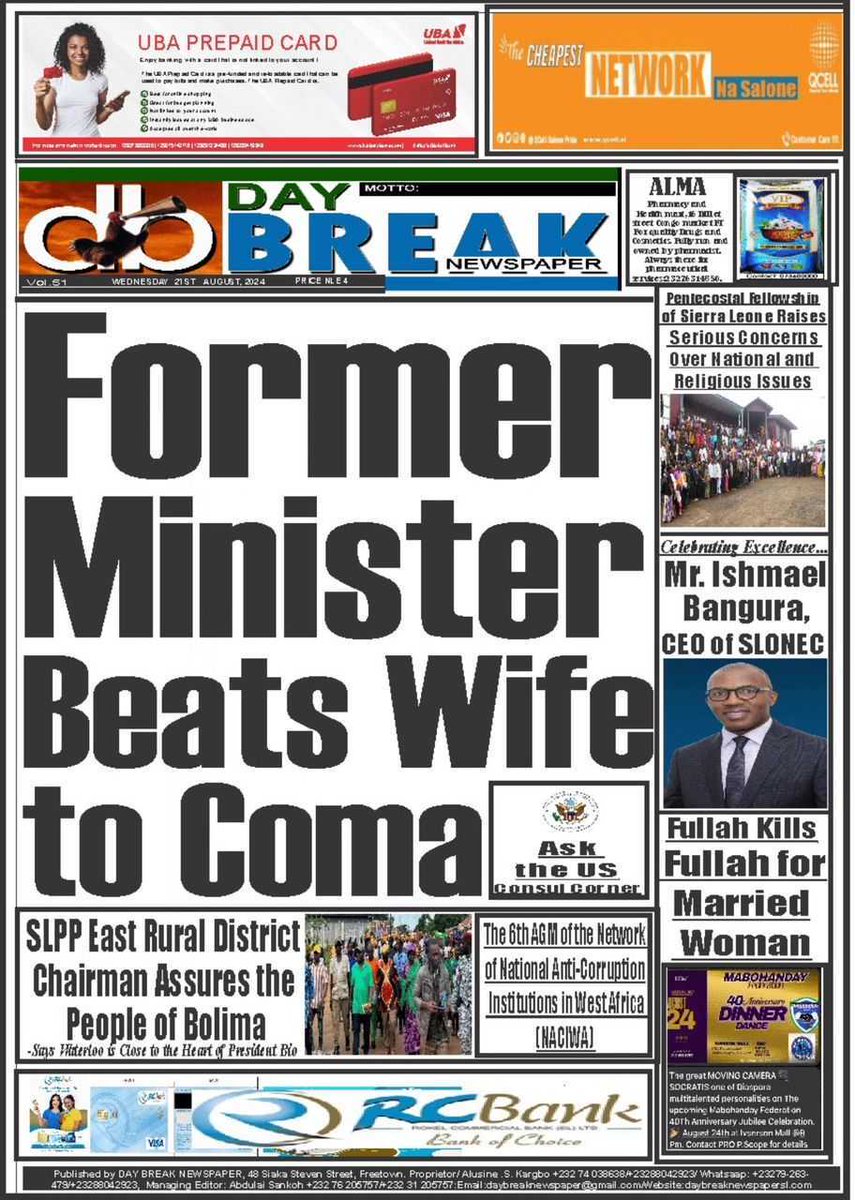 Slonecltd's tweet photo. 🎉 Big congrats to our CEO, Mr. Ishmael Bangura, featured in Day Break &amp; Exclusive Newspaper! 📰✨ His visionary leadership has propelled SLONEC to new heights in innovation &amp; professionalism. 🌟💼 #Leadership #Innovation #SLONEC https://t.co/UDRiZsYPrE