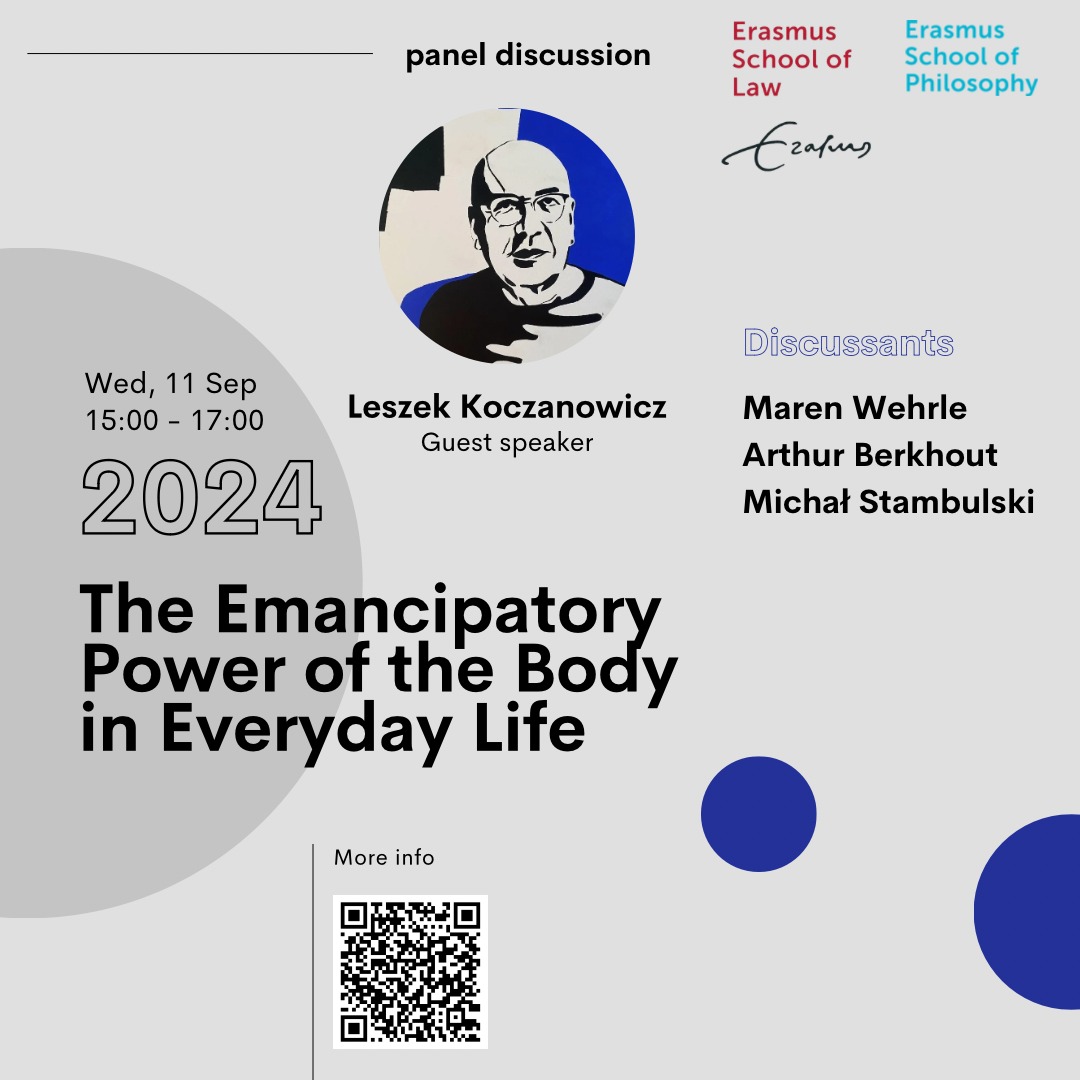 Panel discussion on The Emancipatory Power of the Body in Everyday Life. Perspectives on biopolitics by philosophers, a lawyer and an author/activist: specially invited guest speaker Prof. of philosophy Leszek Koczanowicz from SWPS Uni., Wednesday 11 Sept. eur.nl/en/esphil/even…
