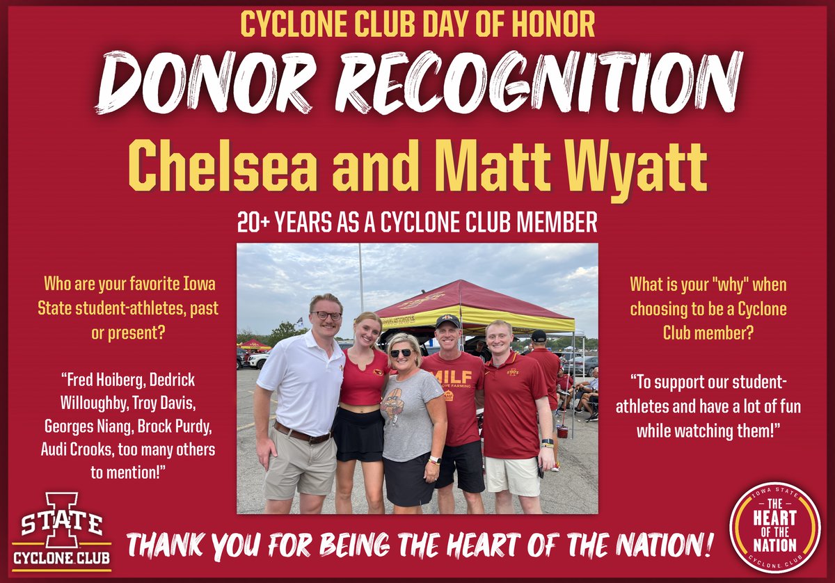 Cyclone_Club's tweet photo. Thank you Chelsea and Matt Myatt for your 20+ years of loyally supporting Iowa State Athletics!🤩♥

You are the #HeartoftheNation! https://t.co/DGKSxE5B9H