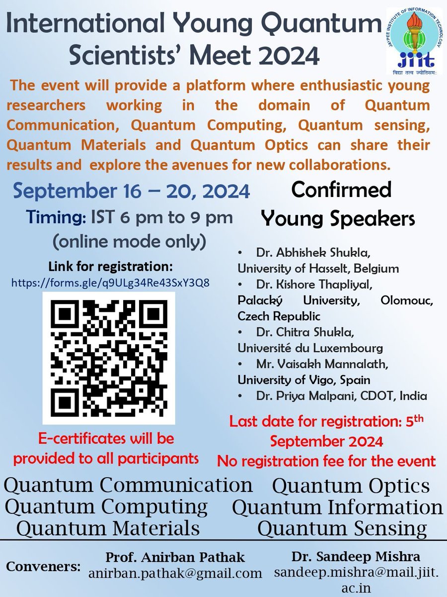 Springer Physics (@springerphysics) on Twitter photo Do not miss out on this online event with focus on the Young Quantum Scientists, organized by our Editor Prof. Anirban Pathak <a href="/anirbanpathak/">Anirban Pathak</a> and Dr. Sandeep Mishra!
🔺 Register for free via this link: lnkd.in/gHD_QahY
#quantumcomputing #quantumsensing #quantummaterials Do not miss out on this online event with focus on the Young Quantum Scientists, organized by our Editor Prof. Anirban Pathak <a href="/anirbanpathak/">Anirban Pathak</a> and Dr. Sandeep Mishra!
🔺 Register for free via this link: lnkd.in/gHD_QahY
#quantumcomputing #quantumsensing #quantummaterials