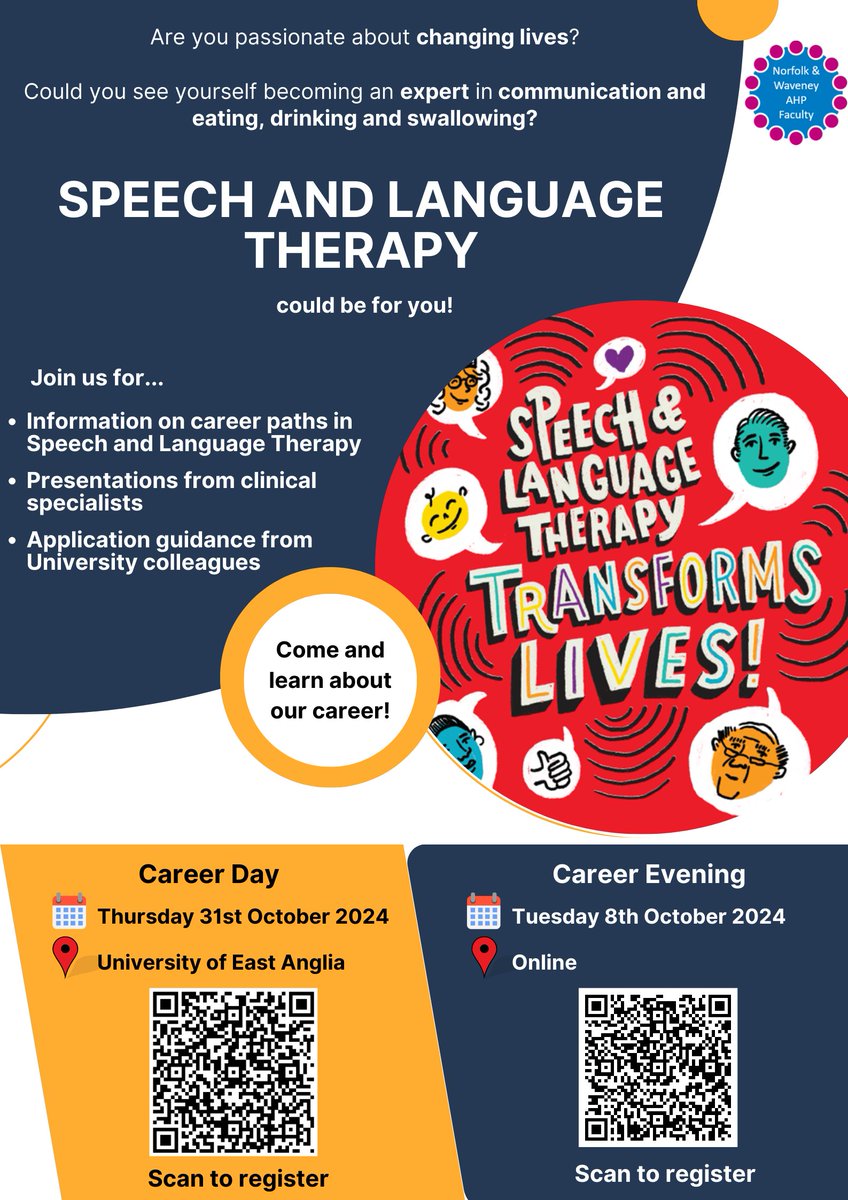 AHP Faculty Norfolk and Waveney (@ahpfacultynw) on Twitter photo We have 2 great events happening in October for those wanting to know more about a career in Speech and Language Therapy.
Scan the QR codes to register for either the face to face or online event.
<a href="/NNUH/">Norfolk and Norwich University Hospitals</a> <a href="/NCHC_NHS/">NCH&C</a> <a href="/EastCoastCH/">EastCoastCH</a> <a href="/TeamQEH/">The QEH King's Lynn</a> <a href="/uniofeastanglia/">UEA</a> <a href="/JamesPagetNHS/">JPUH NHS FT</a> We have 2 great events happening in October for those wanting to know more about a career in Speech and Language Therapy.
Scan the QR codes to register for either the face to face or online event.
<a href="/NNUH/">Norfolk and Norwich University Hospitals</a> <a href="/NCHC_NHS/">NCH&C</a> <a href="/EastCoastCH/">EastCoastCH</a> <a href="/TeamQEH/">The QEH King's Lynn</a> <a href="/uniofeastanglia/">UEA</a> <a href="/JamesPagetNHS/">JPUH NHS FT</a>