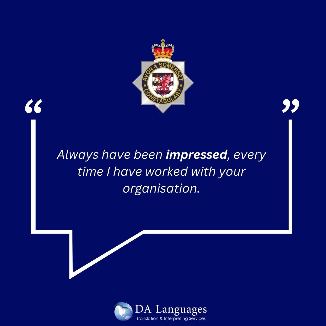dalsltd's tweet photo. We help #policedepartments break down #languagebarriers and ensure effective communication within their communities. 
 
Our #languageservices have been instrumental in our police constabulary clients' daily operations.

Together, we are making a difference!
 
#ClientTestimonial https://t.co/fHH9EnwatM