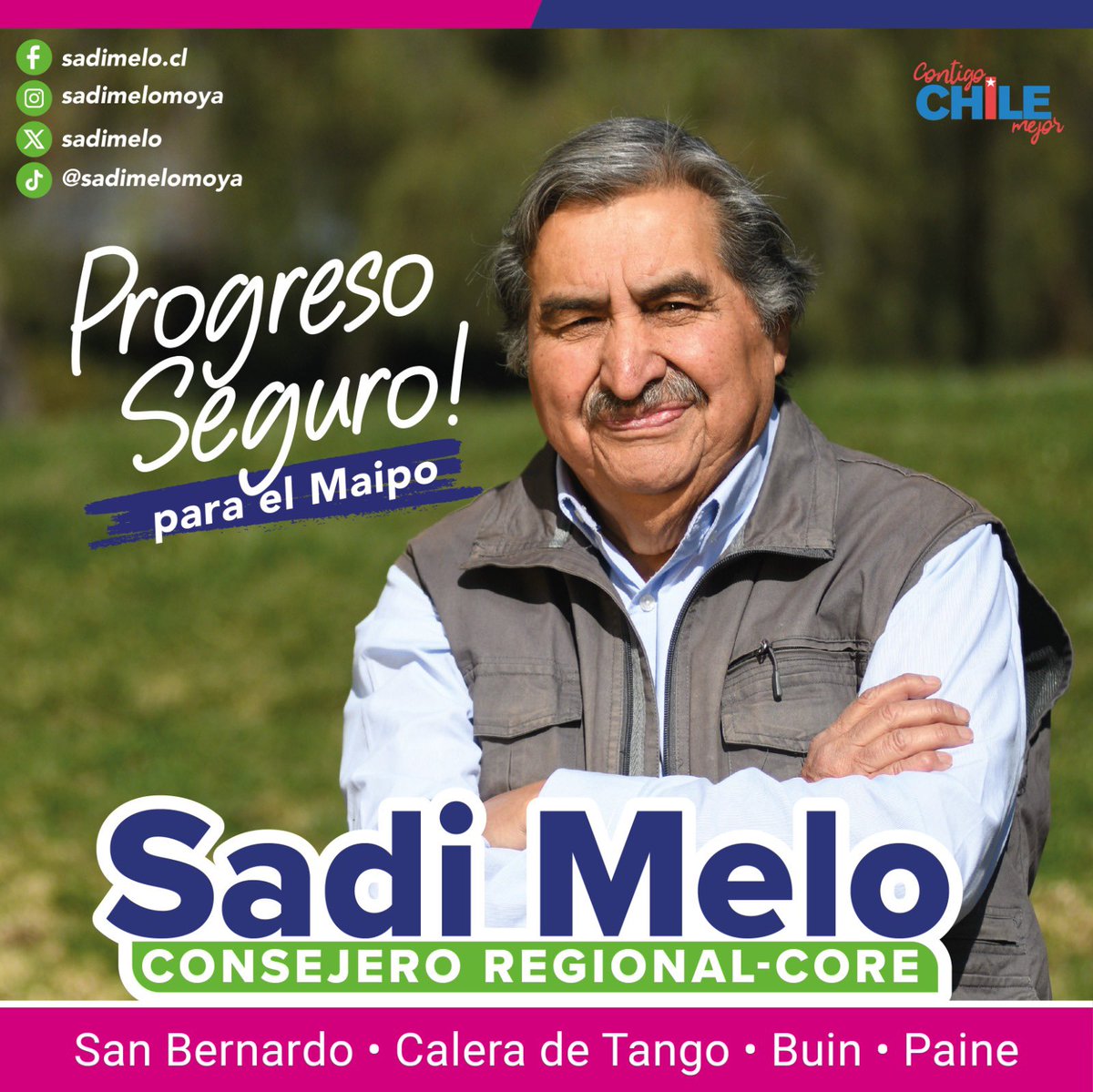 ¡Hola! Soy Sadi Melo, candidato a Consejero Regional por la provincia del Maipo (#SanBernardo, #Buin, #Paine, #CaleradeTango). Con mi experiencia como alcalde fundador de El Bosque, quiero mejorar la seguridad, transporte, salud y medio ambiente. ¡Vamos juntos!