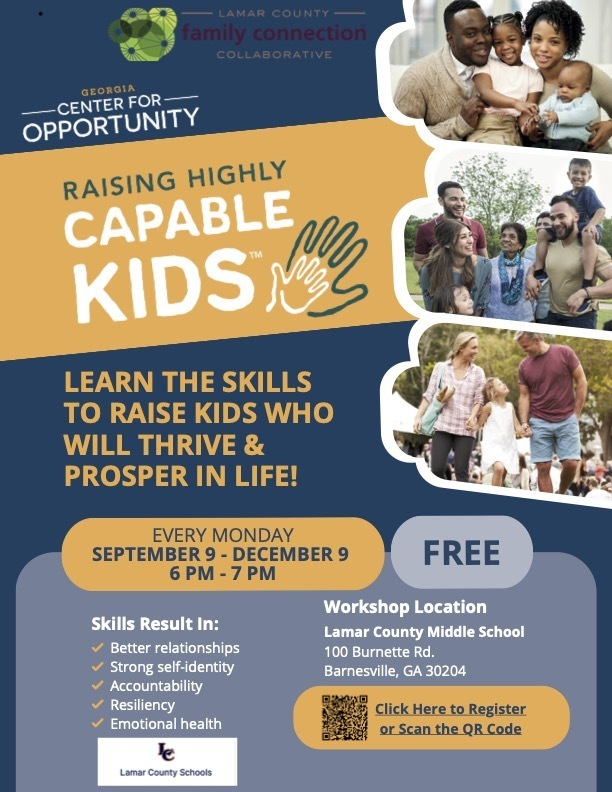 We invite you to a FREE workshop series. 
Join us every Monday evening from September 9th to December 9th at Lamar County Middle School.

🕕 Time: 6:00 PM - 7:00 PM
📍 Location: Lamar County Middle School, 100 Burnette Rd., Barnesville, GA 30204