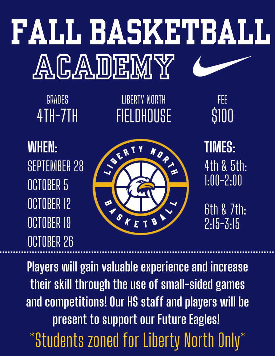 Future Eagles: Come join us this fall for our Fall Basketball Academy! We look forward to having you all in our gym competing and growing your game this fall! 

GO EAGLES!! 🏀🏀🦅🦅

Link to register:

lneaglecamps.com/boys-fall-bask…
