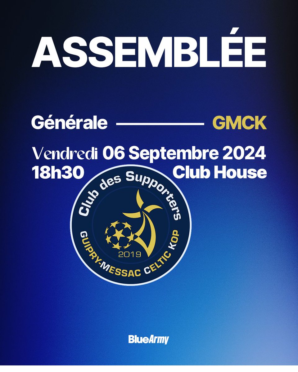 [𝑮𝒎𝒄𝒌] 𝑨𝒔𝒔𝒆𝒎𝒃𝒍𝒆𝒆 𝒈𝒆𝒏𝒆𝒓𝒂𝒍𝒆 𝑮𝑴𝑪𝑲 𝟐𝟎𝟐𝟒 ! 📣

Le vendredi 6 septembre à 18h30 a lieu l'assemblée générale du 𝐆𝐮𝐢𝐩𝐫𝐲-𝐌𝐞𝐬𝐬𝐚𝐜 𝐂𝐞𝐥𝐭𝐢𝐜 𝐊𝐨𝐩 (GMCK), le club des supporters du FCGM, au Club House. 

#𝐁𝐥𝐮𝐞𝐀𝐫𝐦𝐲 #𝐆𝐦𝐜𝐤