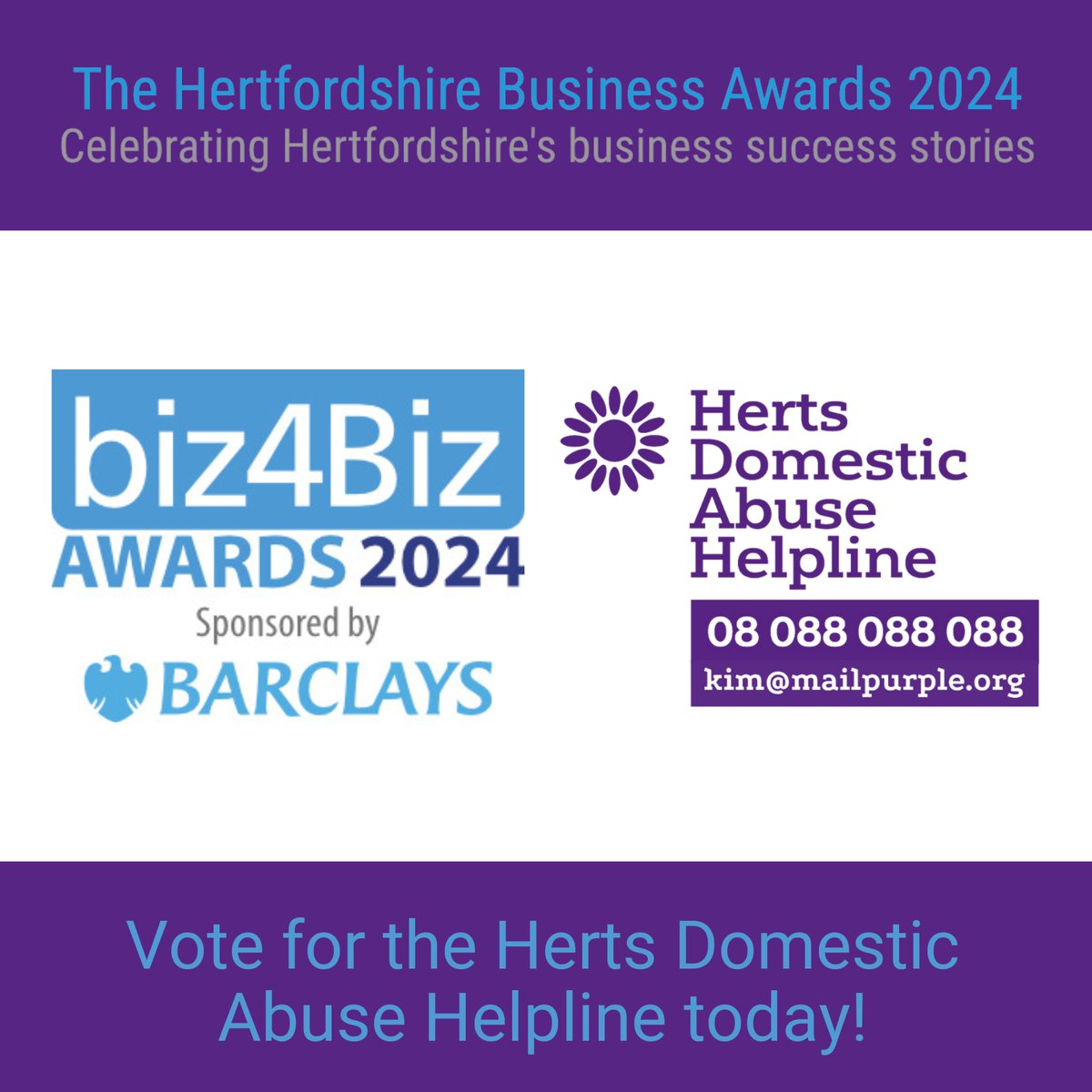 Last chance to vote for HDAH in the upcoming biz4Biz awards - biz4biz.uk/company/detail…

We have been nominated in 3 categories &amp; would really appreciate your vote by the end of the month 💜

#hdah #hertsdomesticabusehelpline #biz4bizawards #DomesticViolence #charity #Helpline