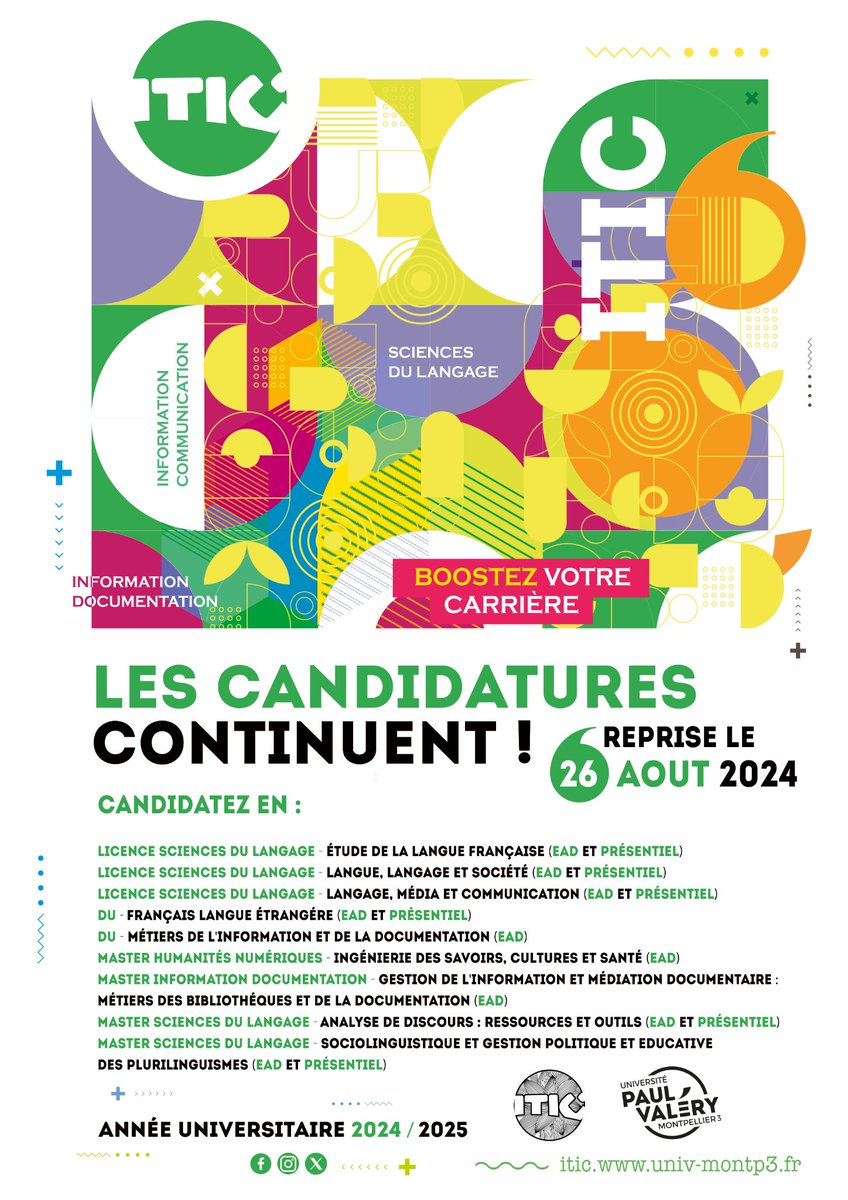 📢 Grande Nouvelle ! Les candidatures pour les formations de l'ITIC reprennent ! 🎓

👉 Pour plus d'informations et pour soumettre votre candidature, rendez-vous sur notre site web : itic.www.univ-montp3.fr/fr/candidature…

#ITIC #Formation #Candidatures #Carrière