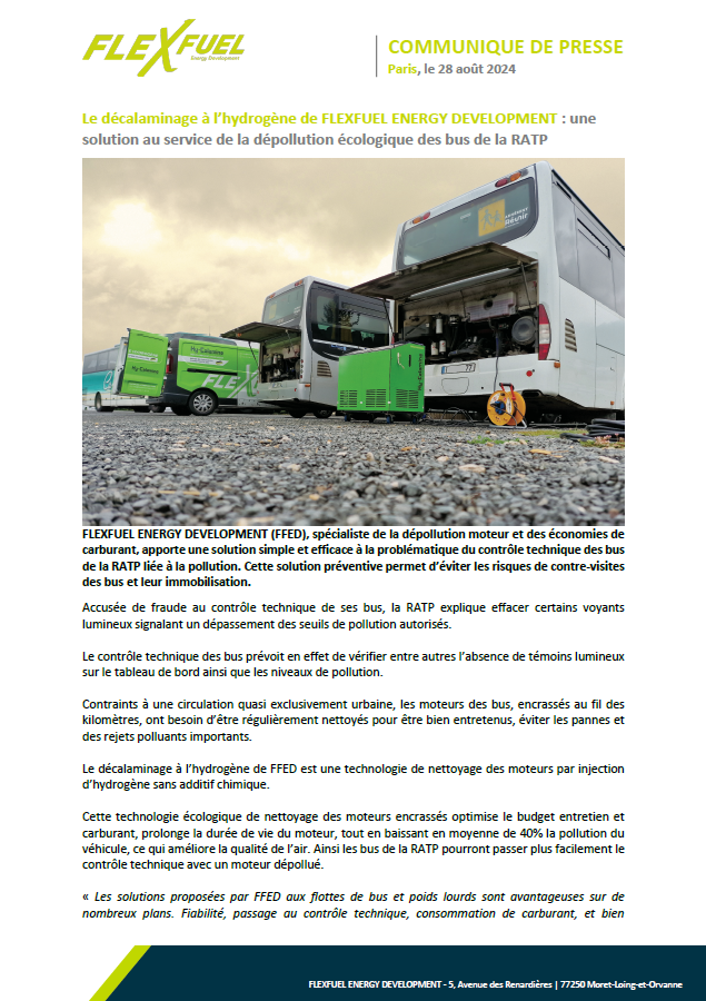 Flexfuelcompany's tweet photo. [COMMUNIQUÉ DE PRESSE] FlexFuel Energy Development, spécialiste de la dépollution moteur et des économies de carburant, apporte une solution simple et efficace à la problématique du contrôle technique des bus de la RATP liée à la pollution. 😉

@RATPgroup  👋 

#ratp #flexfuel #decalaminage #pollution