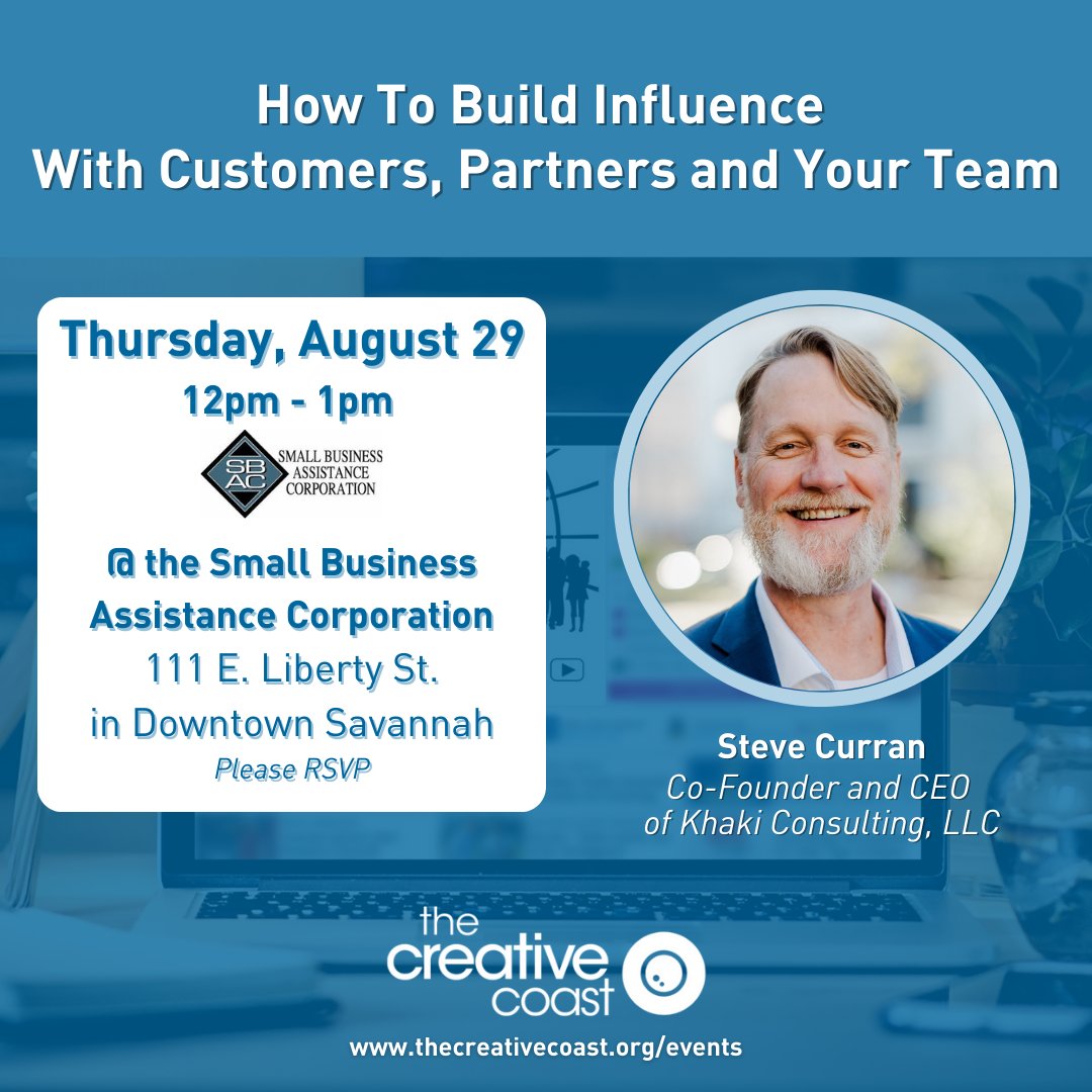Reminder: Our August Lunchtime Topic is TOMORROW! Come hear from Steve Curran about the importance of influence, why it matters, and how to build it. Join us at 12pm with the Small Business Assistance Corporation.

Register here: loom.ly/50ykuhI