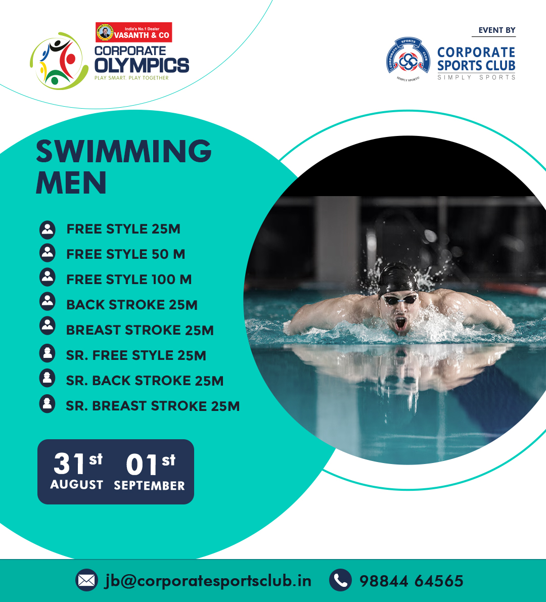 Csc_chennai's tweet photo. Featuring SWIMMING - MEN at Vasanth &amp; Co's Corporate Olympics 2024 with exclusive categories:

>>Free Style 25m, 50m &amp; 100m / Sr. Free Style 25M
>>Back Stroke 25m / Sr. Back Stroke 25m
>>Breast Stroke 25m / Sr. Breast Stroke 25m

Register your team now: https://t.co/alGQmXejjE https://t.co/BSvkktbVdj
