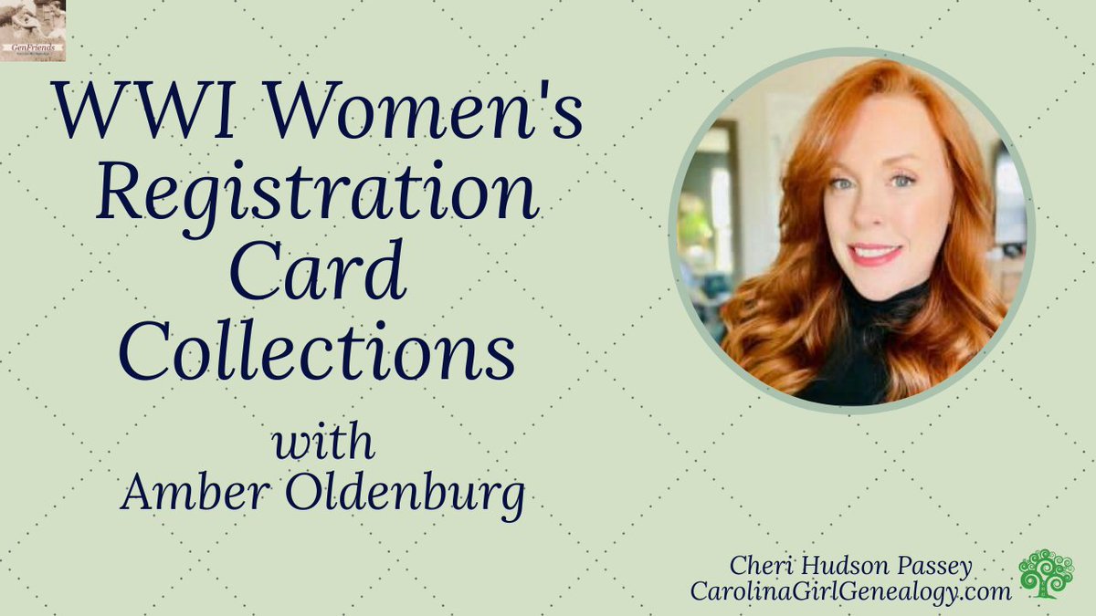 CarolinaGirlGen's tweet photo. @1BranchAtATime shares how to find &amp; use WWI Women's Registration Cards on a new GenFriends. Watch as the panel @TFamilytreegirl @TNArchivist @LauraLHedgecock @jennyhawran &amp; I learn about this record group for researching women. https://t.co/TObNVaTGrg #genealogy #familyhistory https://t.co/vXJxzy3i1p