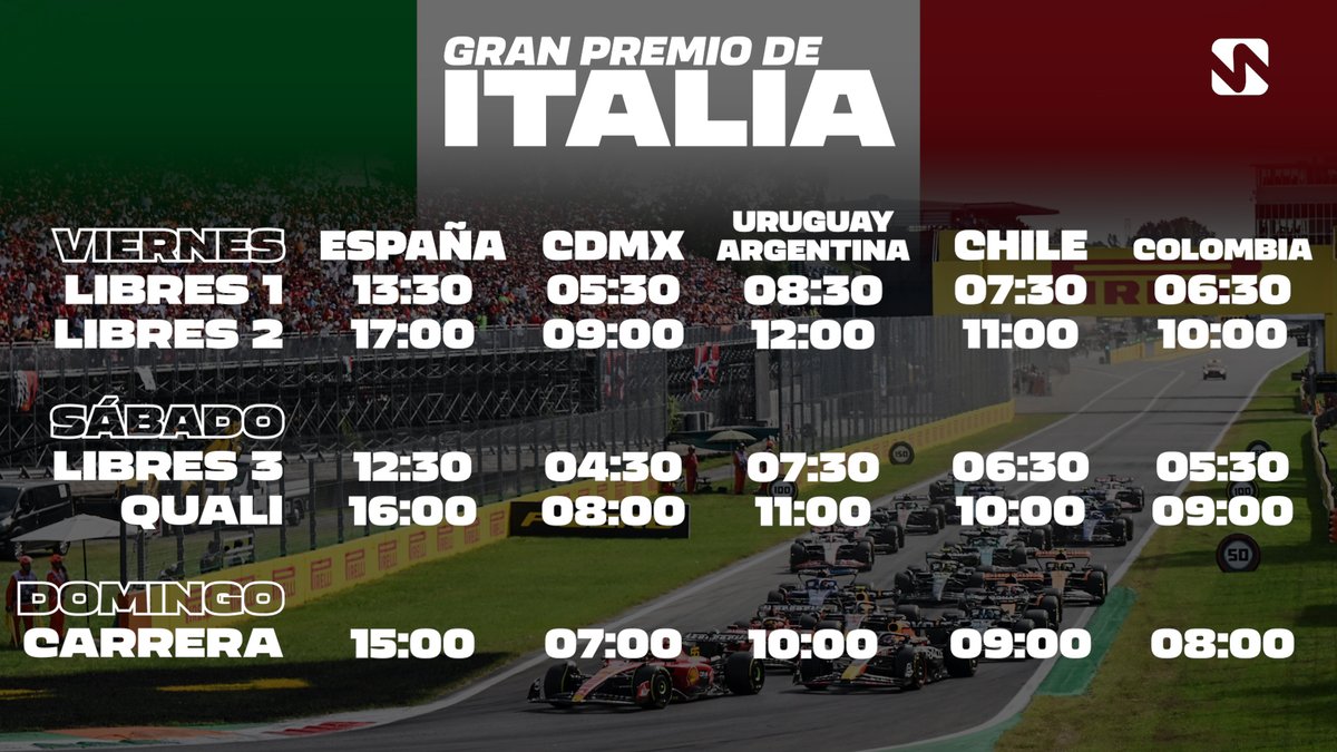 victorabadf1's tweet photo. 🏁 H O R A R I O S 🏁

Llega uno de los fines de semana más esperados. Visitamos de nuevo el mítico Autódromo de Monza con el Gran Premio de Italia 🇮🇹.

Igualdad en la parrilla, incógnita Ferrari en casa... y caras nuevas sobre la pista.

Comparte los horarios, salva una vida. https://t.co/qANwBWwLoj