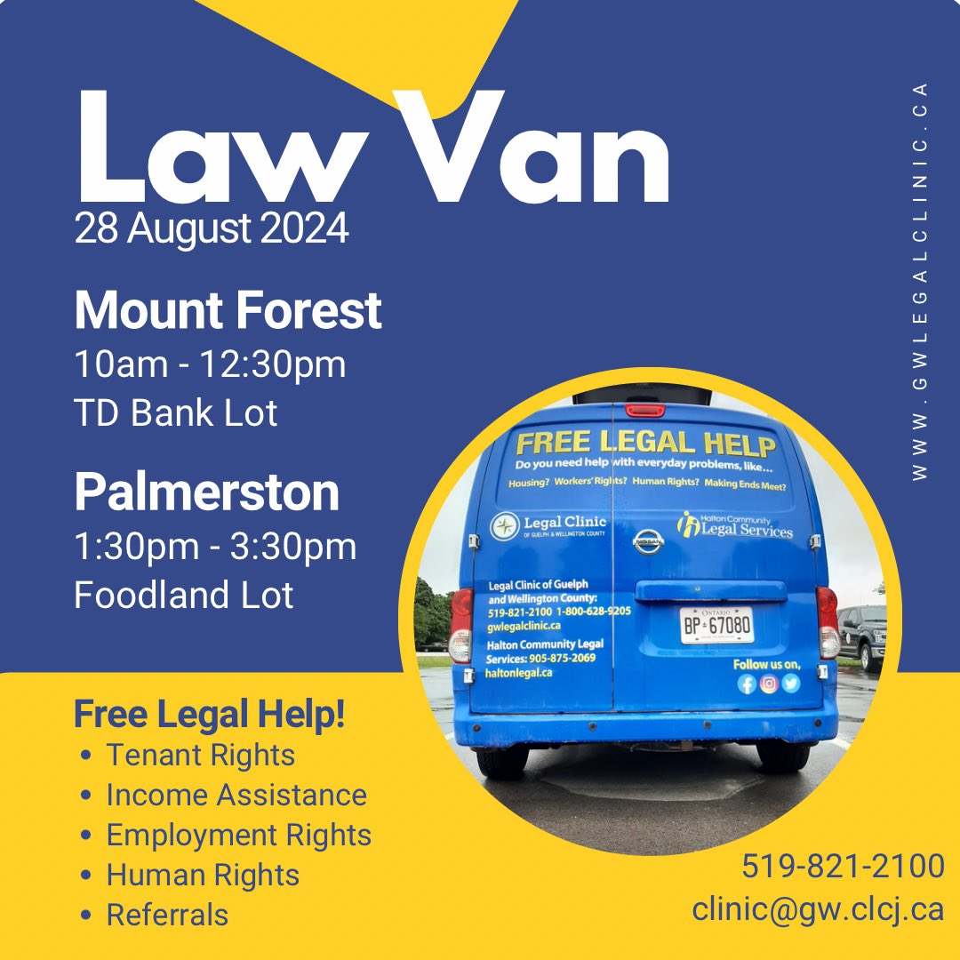 GWLegalClinic's tweet photo. Free legal help in Mount Forest & Palmerston today, Aug 28. Stop by the #LawVan with your questions.
@TwpWellNorth @TownofMinto @AgilecMtForest @ChamberMF @887theriver @MintoMapleton @LaunchItMinto https://t.co/MhVTiUVnLY