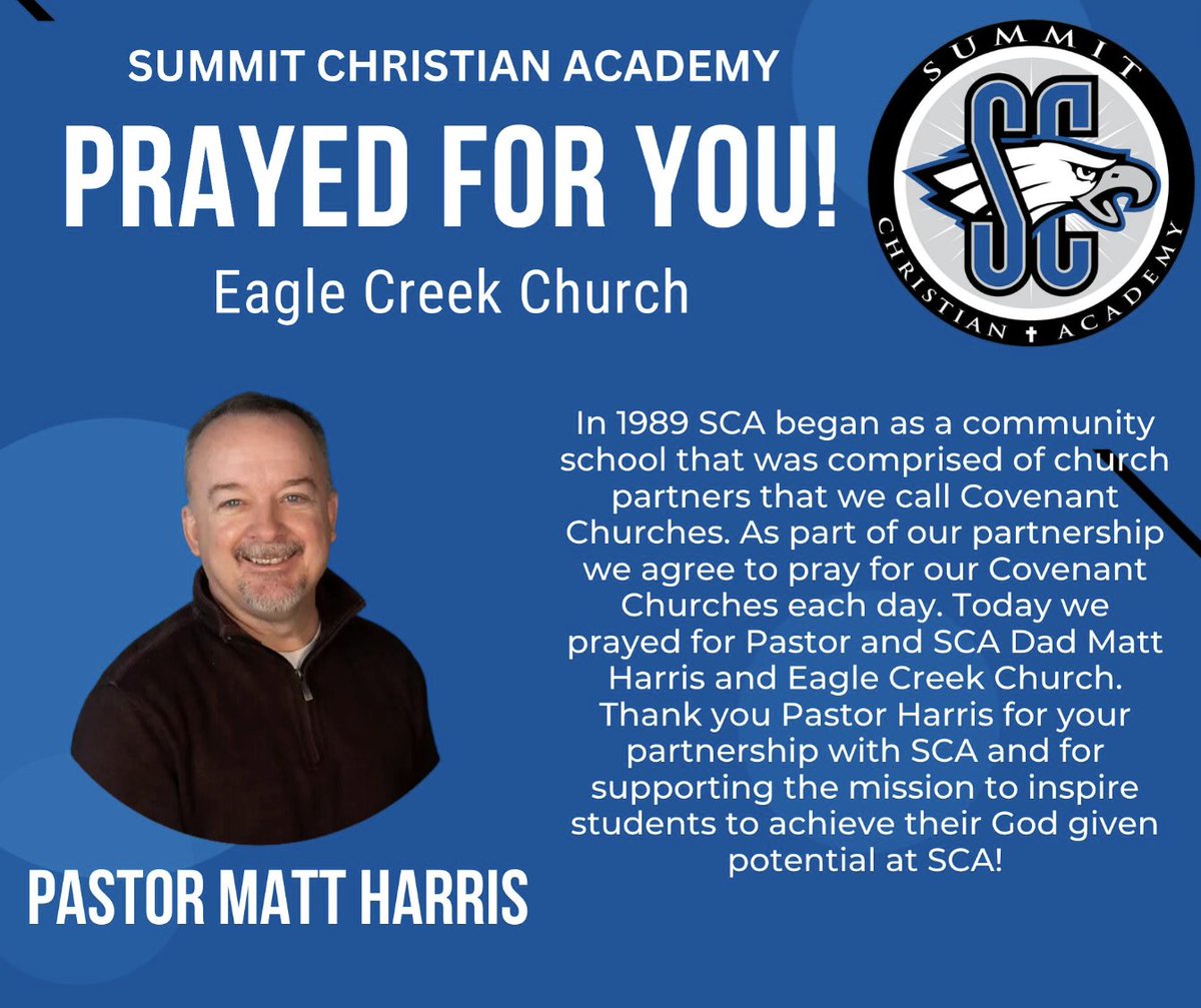 summitacademye1's tweet photo. Today at SCA we prayed for SCA Dad & Pastor Matt Harris from Eagle Creek Church.
https://t.co/rEfPyZCeuT
#TheSCADifference #SCAPrays #SCACovenantChurch #SCA2425 #SCAAspireHigher #CatchTheSCASpirit https://t.co/8dUigreDLV