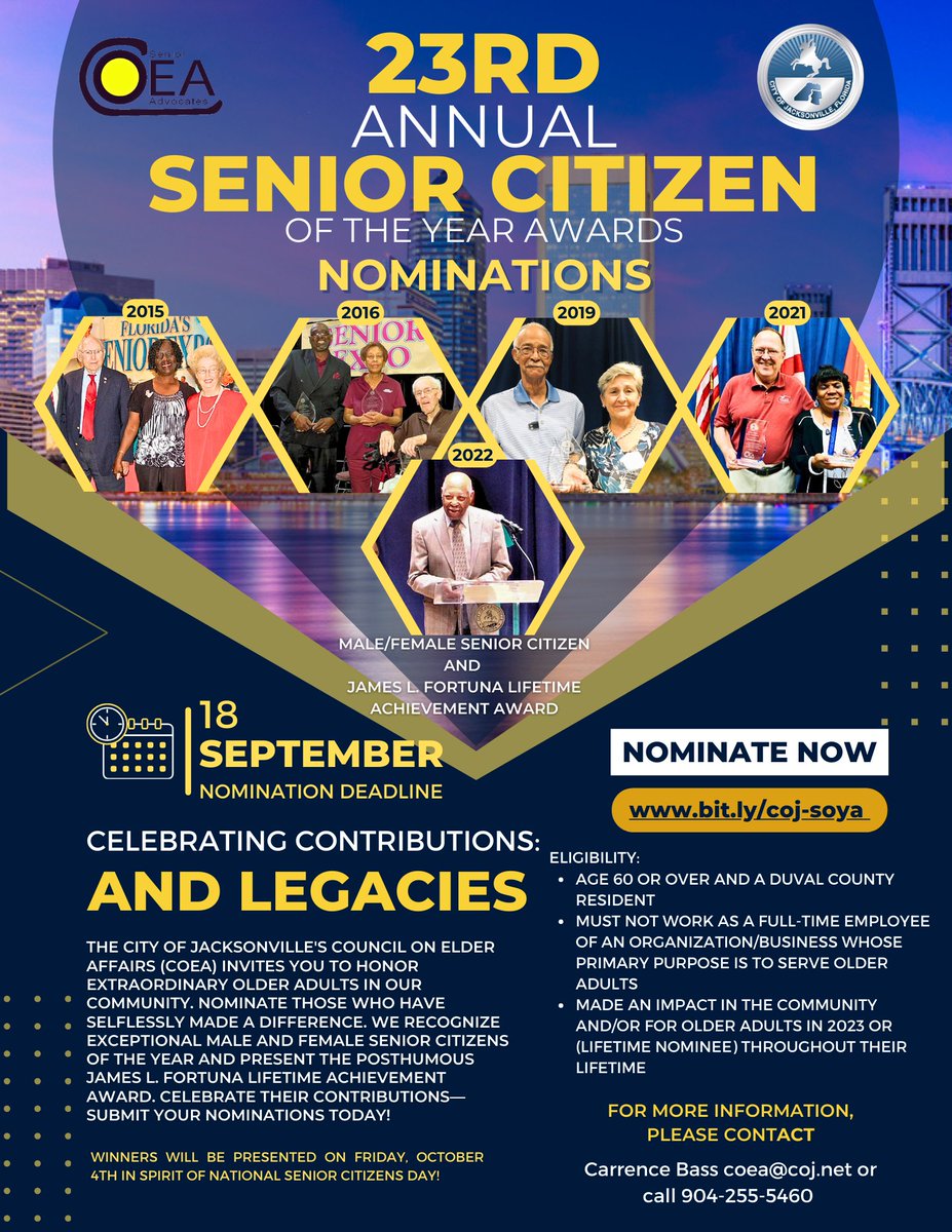 CityofJax's tweet photo. Deadline extended 🧓 9/18 is now the final day to nominate an older adult who has given selflessly to improve our community and the lives of other older adults over the past year.

Go to https://t.co/yAZuN8bPVU for details on the 23rd annual Senior Citizens of the Year Awards. https://t.co/Nj8EmyuiNK