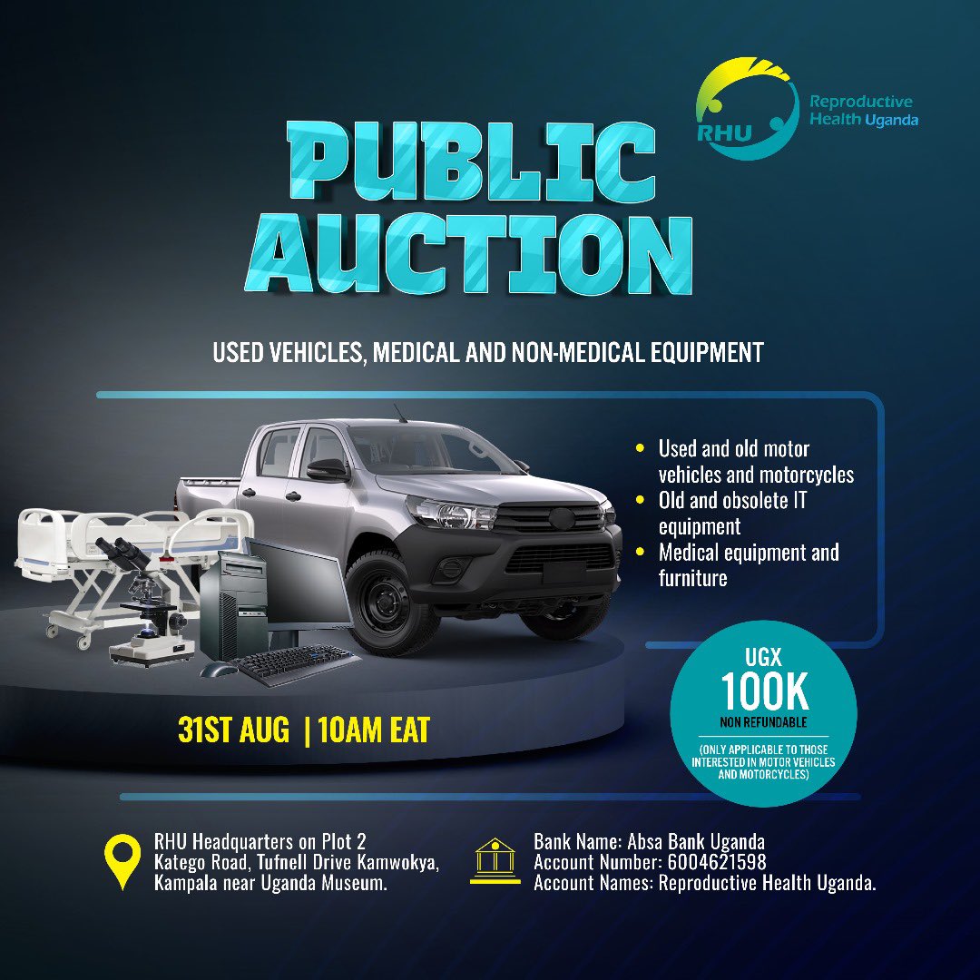 RHUganda's tweet photo. 🔊🔊🔊
We are happy to announce that we shall be holding a public auction of used vehicles🛻, motorcycles 🏍️, medical and non medical equipment, 🖥️ computers, furniture 🪑etc.

This is your chance to get quality items at great prices. Check the flier 👇🏽 for details. https://t.co/p8RPtHHi3W