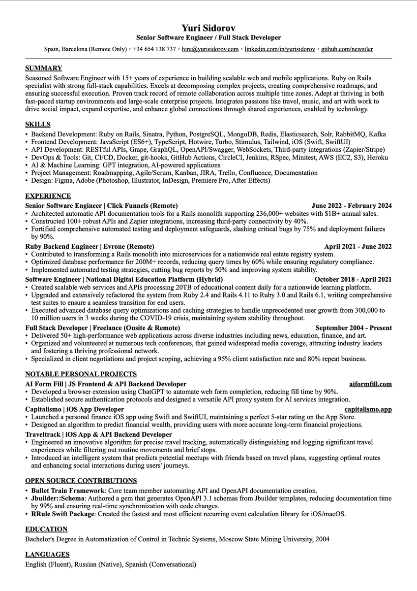 Never before have I publicly asked for money, and while I'm deeply grateful for everyone's generosity, what I truly need is a job. Thank you to all who donated — your support means everything. I'm attaching my CV in hopes of finding work in the amazing Ruby community.