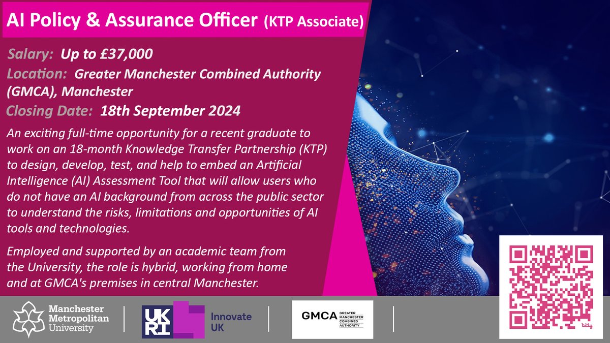 We're delighted to be #recruiting for our #ktp associate role working on an #artificialintelligence project with Greater Manchester Combined Authority. For more details scan the #qr code or visit: bit.ly/4cM0G4t. #closing date is 18.09.2024