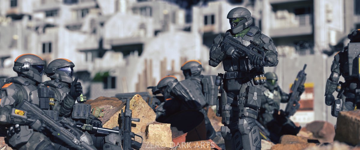 :// Fox Company digs in, preparing for another rough night in the city.

#Halospotlight #HaloODST #Helljumpers #Megascans #Blender3d #Buck