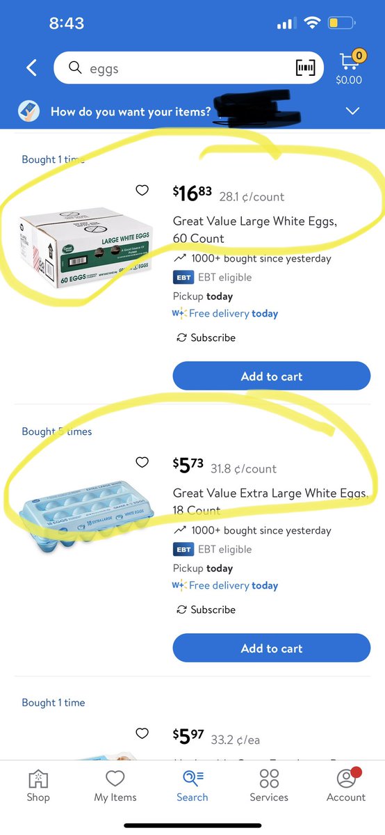 cl0udd__'s tweet photo. @walmarthelp the pics on the left are the prices of eggs on instacart (in store prices) &amp; the pics on the right are from the Walmart app. We see the price difference which is ridiculous. Does the Walmart app not have the same prices as the store? Please explain. https://t.co/ni1zzwS8T9