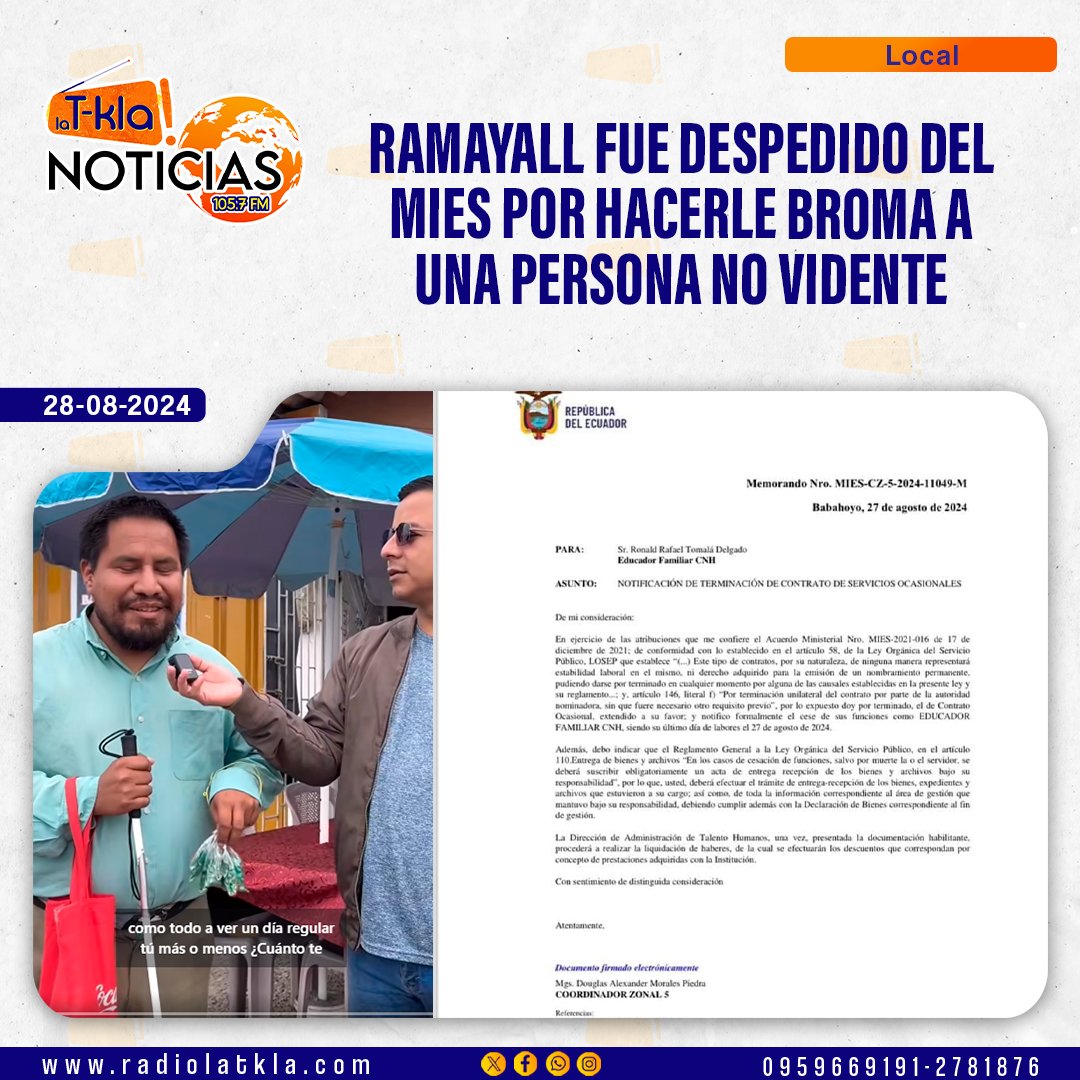 latklaec's tweet photo. Esta tarde se difundió ampliamente un video en el que Raffael Ramayall, entrega un billete falso de $20 a un vendedor ambulante con discapacidad visual en el cantón La Libertad.
#Justicia #Inclusión #Mies #santaelena #lalibertad #muei #novidente https://t.co/YSB7Xl9S6y