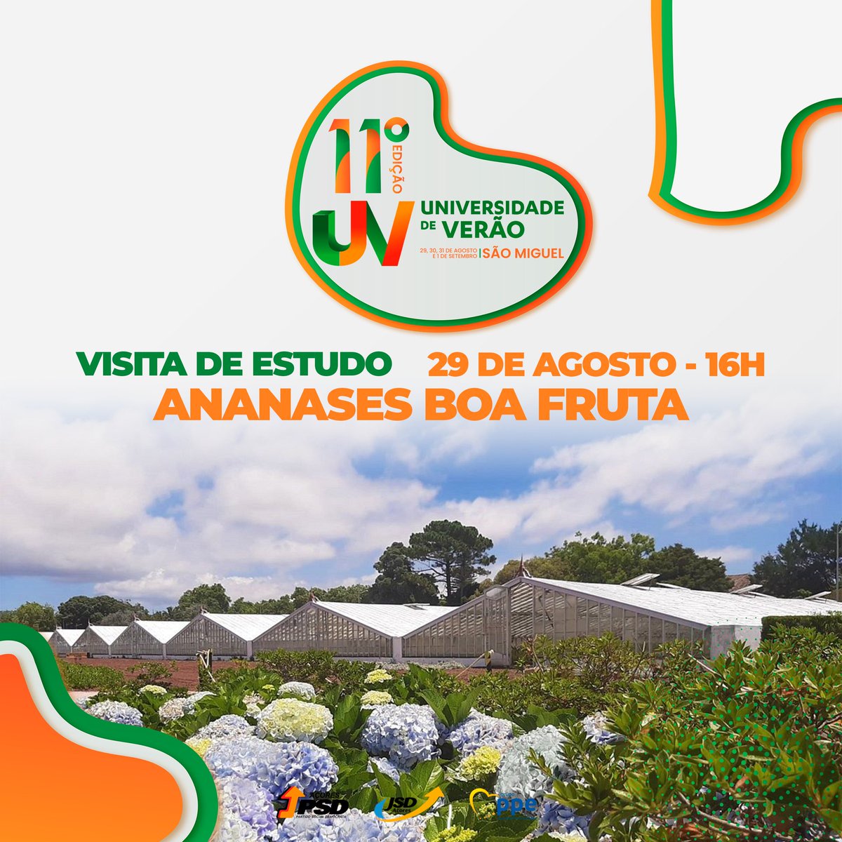 ✌🏻UNIVERSIDADE DE VERÃO’24 

❔Sabias que a empresa Boa Fruta é uma das principais produtoras de Ananás dos Açores da região? 

Se não sabias não te preocupes, amanhã terás possibilidade de aprender isto e muito mais! 😉

#JSDAçores #UVAçores
