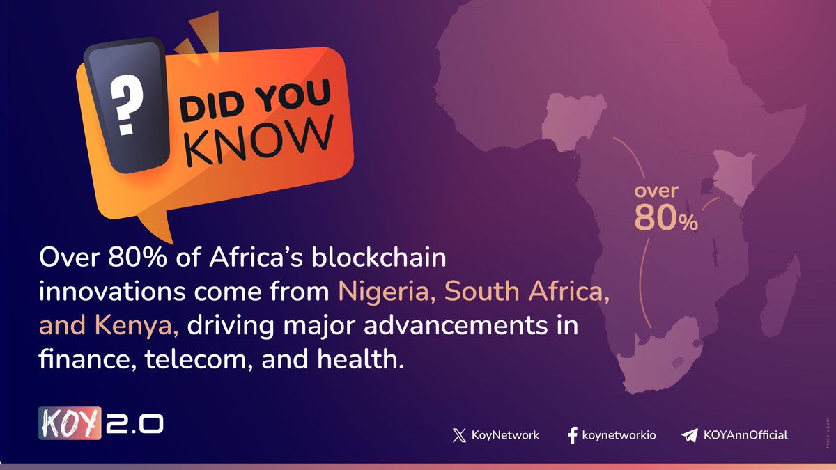 Did You Know? 

Nigeria, South Africa, and Kenya lead over 80% of blockchain innovations in Africa.

KOY 2.0 is tapping into this by transforming mobile money across the continent—bringing stability, scalability, and broader access. #KOYv2 $KOYN

Visit koynetwork.io.