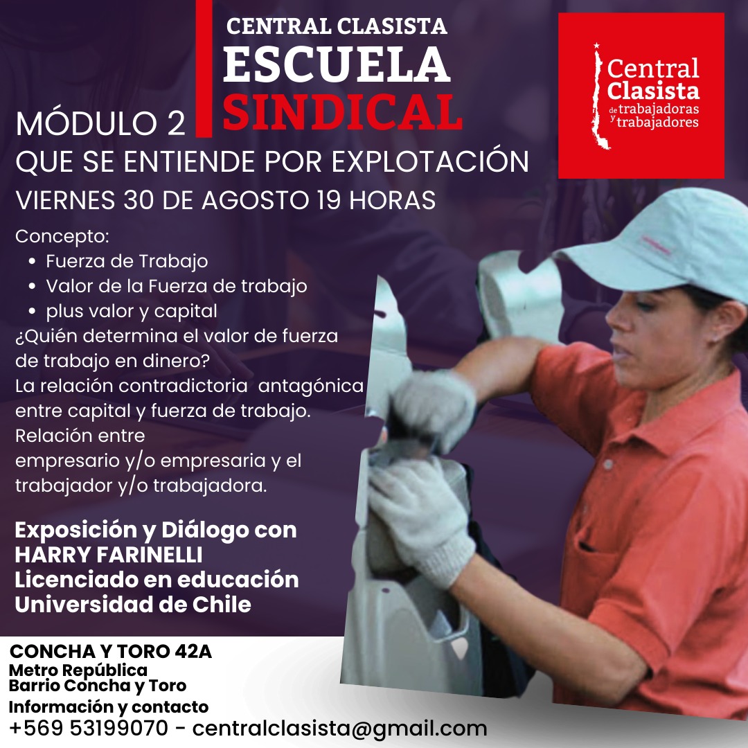Escuela Sindical Central Clasista
Módulo 2
QUE SE ENTIENDE POR EXPLOTACIÓN
viernes 30 de agosto 19 horas
Concepto:
• Fuerza de Trabajo
•Valor de la Fuerza de trabajo
•plus valor y capital
¿Quién determina el valor de fuerza de trabajo en dinero?
#escuelasindical
#explotación