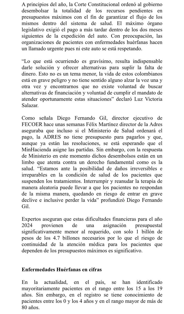 🚨#Atención “La vida de miles de colombianos con una enfermedad huérfana peligra por cuenta de la falta de recursos para presupuestos máximos”: FECOER y <a href="/EHuerfanasCo/">Enf. Huérfanas</a> #Comunicado 👇🏻