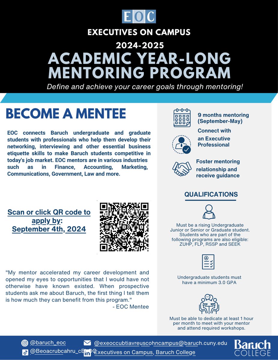 ZicklinGCMC's tweet photo. Welcome to the Fall 2024 semester! Baruch's Executives on Campus (EOC) is pleased to announce that the application for the 2024-2025 Academic Year-Long Mentoring Program is now open. Apply here by September 4, 2024: https://t.co/qFjFx504hp
#BaruchCollege #BeBaruch https://t.co/Nvq594shTy