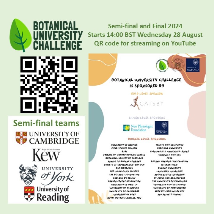 We are very grateful to all who are financially supporting Botanical University Challenge #BUC2024 And the semi-final is about to start!! 14:00 BST 28 August. ( A recording will be available on YouTube later.) QR code to see it.