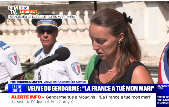 MickaelLaffont's tweet photo. Cette image de la veuve d'#EricComyn dénonçant le laxisme de ce pays tuant son mari sonnera t il le glas de #MacronLeFléau ?
#Mougins https://t.co/5UfWswuIIV