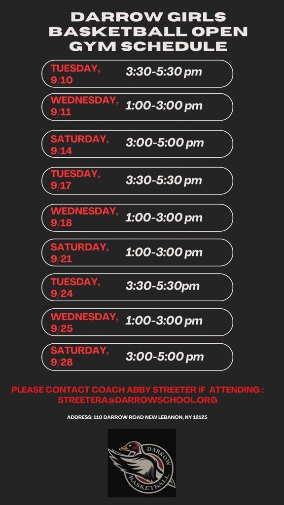 Darrow School Basketball - NEPSAC AAA (@darrowhoops) on Twitter photo Come see our Girl’s program take flight during fall open gym time. Lots of college prospects!
<a href="/AbbyStreeter/">Abby Streeter</a> <a href="/DarrowSchool/">Darrow School Athletics</a> Come see our Girl’s program take flight during fall open gym time. Lots of college prospects!
<a href="/AbbyStreeter/">Abby Streeter</a> <a href="/DarrowSchool/">Darrow School Athletics</a>