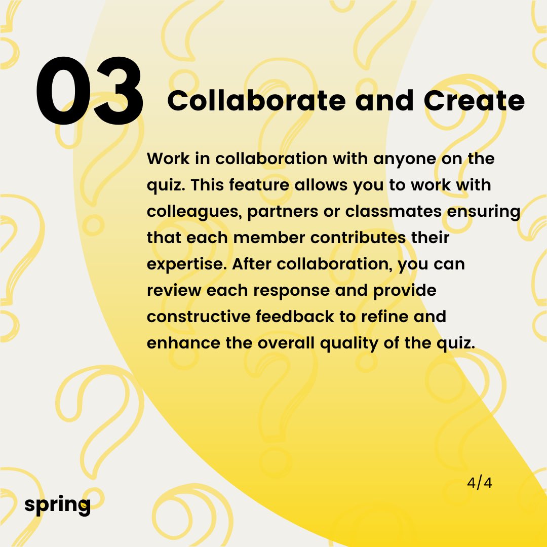 SpringQuiz's tweet image. In the spotlight today💡
Some more features that set Spring apart!
In this series we are discussing features that you won’t be able to find any other platform.
Elevate your quiz creation game with Spring—where no other platform compares!🚀
#gospring #quizcreation #quizzing