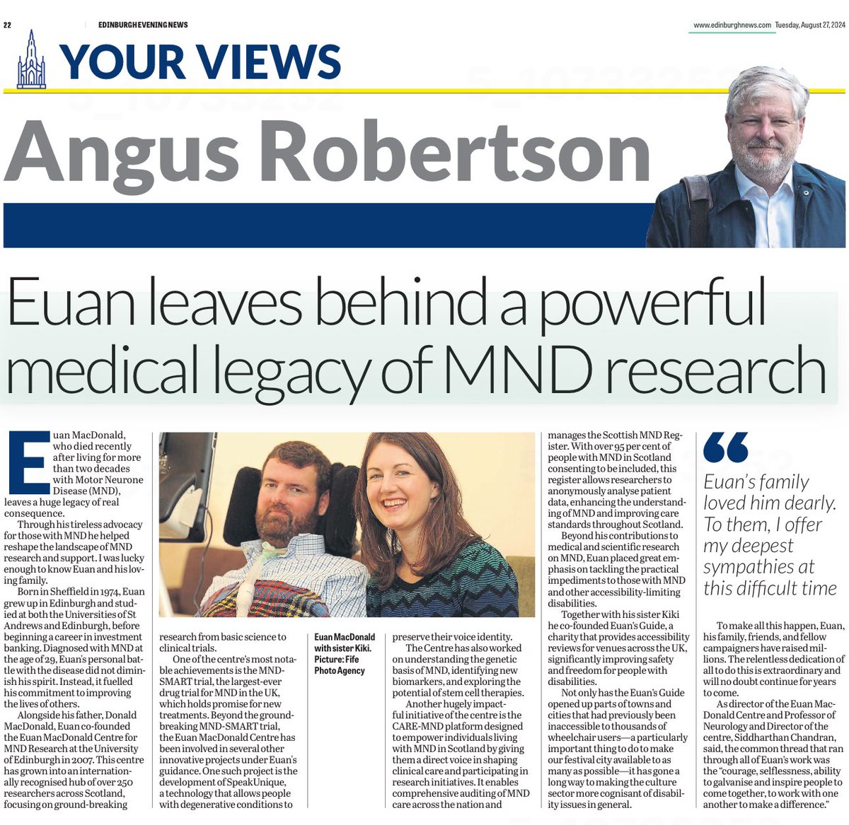 AngusRobertson's tweet photo. If you’re unaware of the incredible work of the late Euan MacDonald to improve the lives of people with #MotorNeuron disease, have a read of my @edinburghpaper column about his life - though even this only scratches the surface of his achievements. https://t.co/bzPrzLPFoX