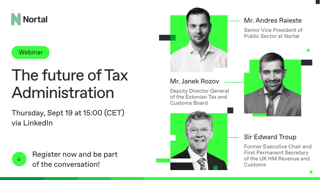Nortal (@nortalglobal) on Twitter photo What happens once #TaxAdministration goes digital? Save your seat now! ➡ eu1.hubs.ly/H0b-xW00
Join our #webinar to explore the future with industry experts and insights from <a href="/maksu_tolliamet/">TaxCustomsEstonia</a>, one of the world’s most efficient digitalized tax administrations. What happens once #TaxAdministration goes digital? Save your seat now! ➡ eu1.hubs.ly/H0b-xW00
Join our #webinar to explore the future with industry experts and insights from <a href="/maksu_tolliamet/">TaxCustomsEstonia</a>, one of the world’s most efficient digitalized tax administrations.