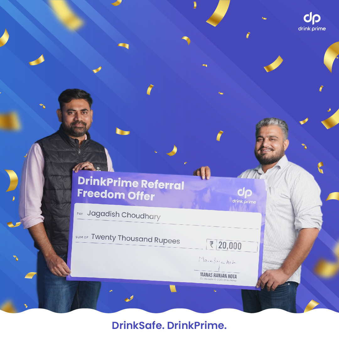 Look at our lucky Never-Before Freedom referral offer winner celebrating a ₹20,000 CASH PRIZE 💸

Feeling FOMO? You could be next! Just refer DrinkPrime to your friends and family before 31st August, and you could win ₹15,000 🎉

Go to the DrinkPrime app NOW to refer!