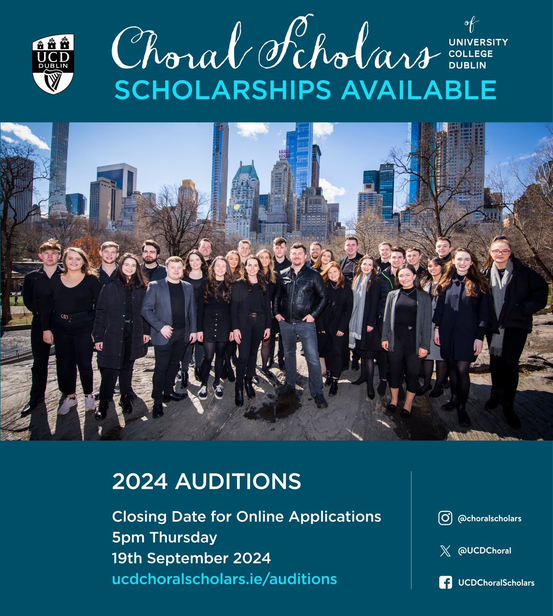 Applications for the 2024-2025 academic year are now open on ucdchoralscholars.ie ✨
If you love to sing, we strongly encourage you to apply! Applications are open to all UCD students until 5pm on Thursday 19th September. 🎶
