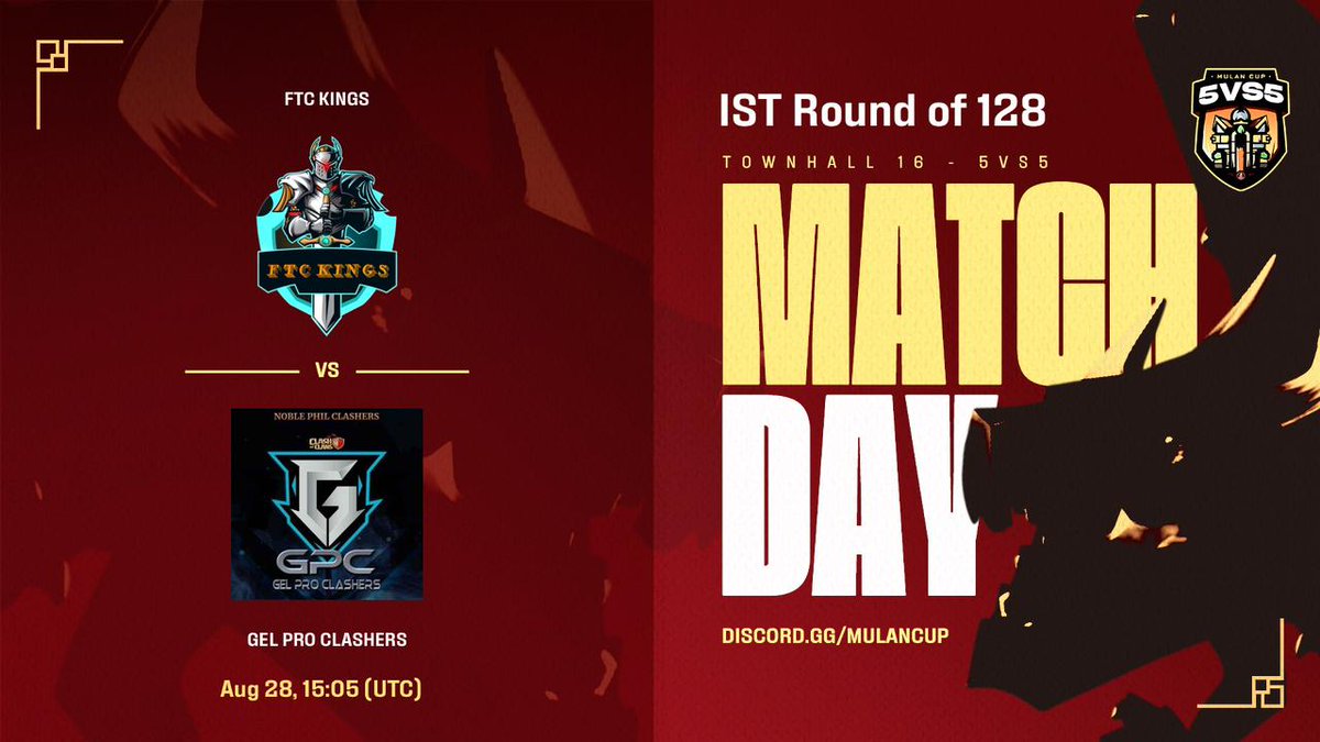 BERLIN_COC's tweet photo. MATCH TIME
1ST = FTC KINGS vs GEL PRO CLASHERS 8.30 PM IST
2ND = DoD Esports vs CONTRACT KILLERS 9.30 PM IST
Mulan Cup Th16 5v5 S2 Qualifier 2 IST Round of 128
@MulanCup @dodesports_ @FtcKings #GELPROCLASHERS #CONTRACTKILLERS
https://t.co/vn01TTSKWH https://t.co/Ua2nVdAWRO