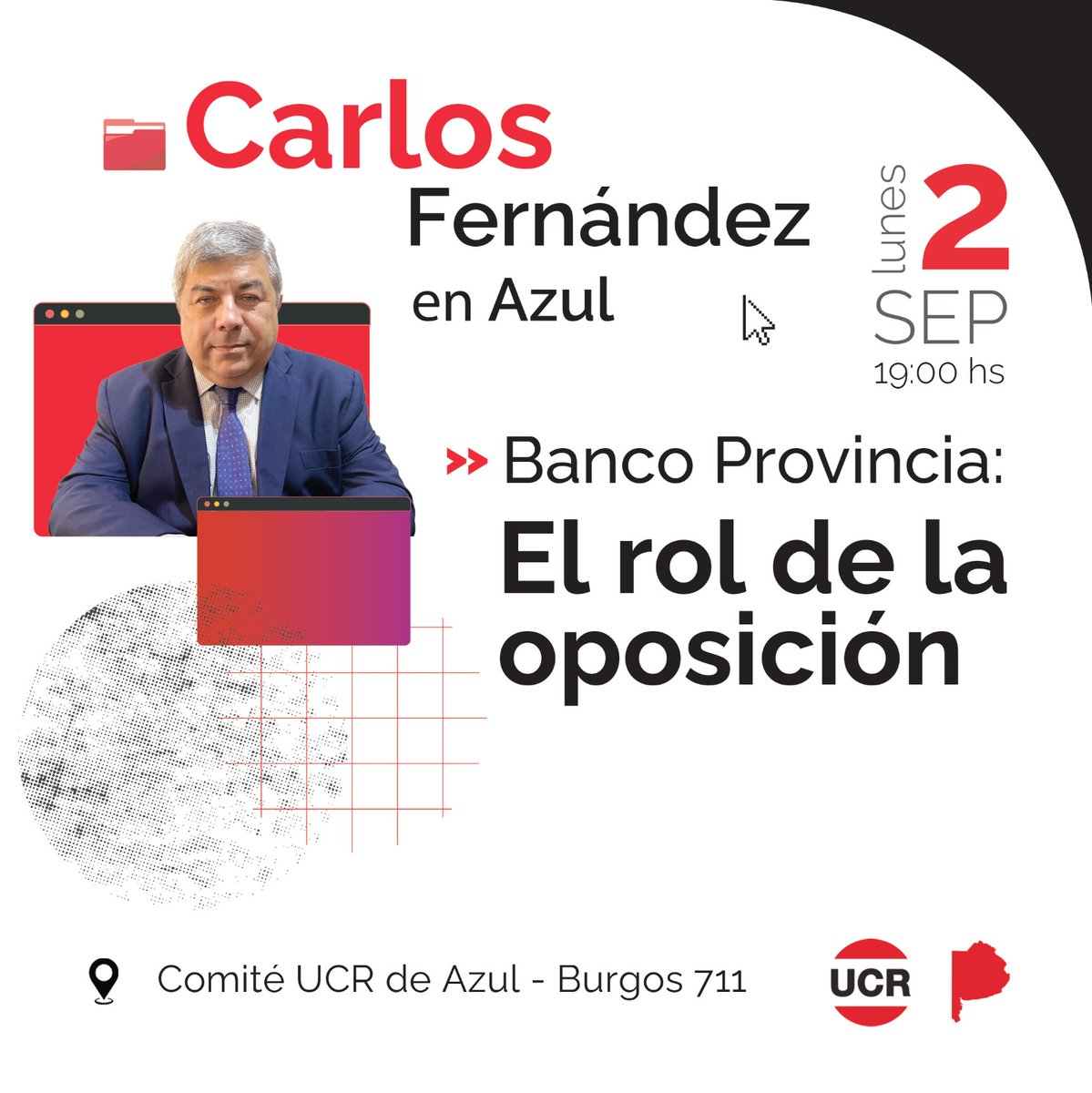 ucrazuloficial's tweet photo. "El Banco Provincia: El rol de la oposición"

🗓️ 2/9
🕒 19:00
📍Comité UCR Azul

Invitamos a participar del encuentro a realizarse el próximo lunes en el Comité Radical, con  la presencia de Carlos Fernández, sobre el rol de la oposición en la gestión del Banco Provincia. https://t.co/qzfyT86EPD