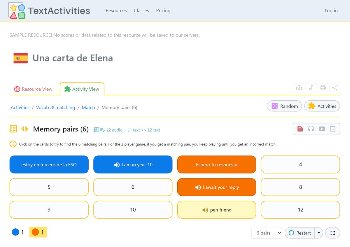 TextActivities's tweet photo. Sample ๐ช๐ธ Spanish resource, accessible via a button in the sample resources section of the home page (to anyone who isn't logged in)
#mfltwitterati #mflchat #langchat
The resource (see images below) can also be accessed directly on this link:
https://t.co/3q1WXPUEOy
The resource is called "Una carta de Elena", and it consists of Spanish text, parallel English text and Spanish / English matching items. The resource includes:
๐งฉ Text rebuild activities
๐ Vocab / matching activities
๐ Listening / dictation activities
๐ฌ๐ง Parallel English text / translation activities
๐จ Worksheets
Follow the above link and then click on "Activity view" to access the activities for the resource, of which there are more than 100 different configurations.
TextActivities subscribers can create their own interactive resources like this one in a matter of minutes ๐
