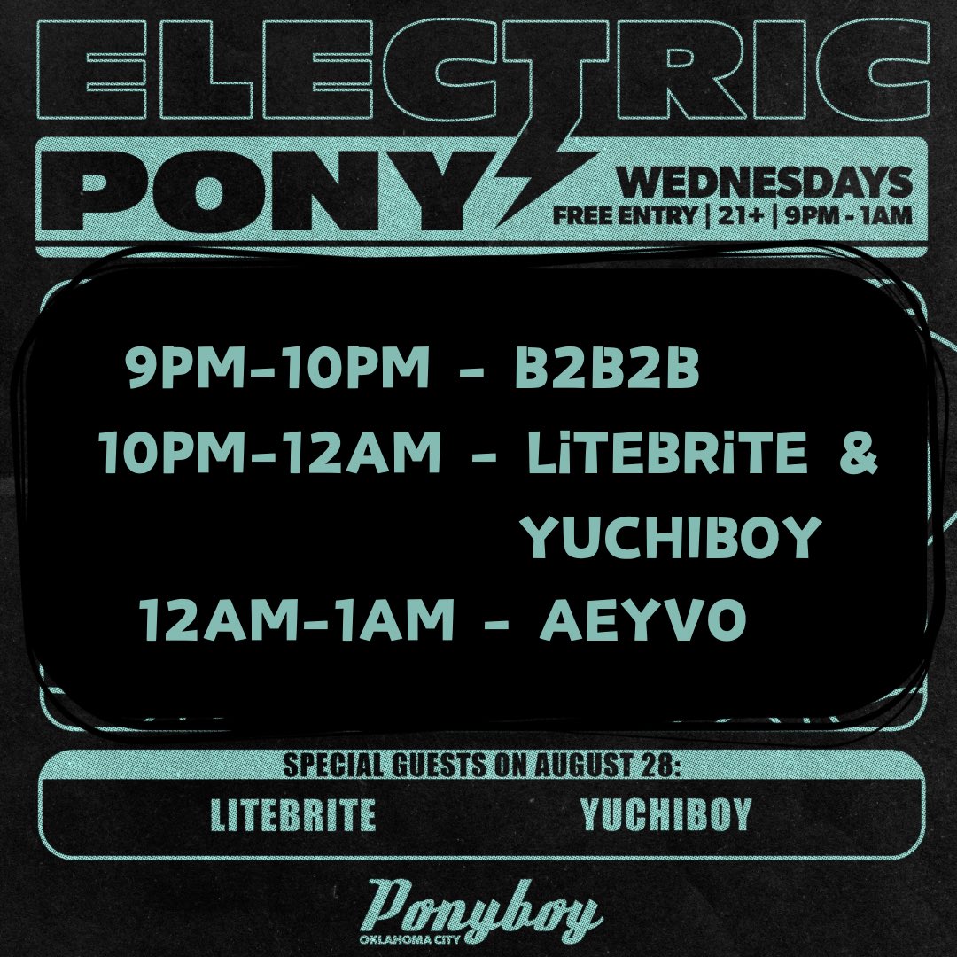 Your set times for TONIGHT at Electric Pony ⚡️ Don’t miss this epic night with two OKC legends!! 🔊

21+
FREE ENTRY
Ponyboy
423 NW 23rd St. OKC, OK