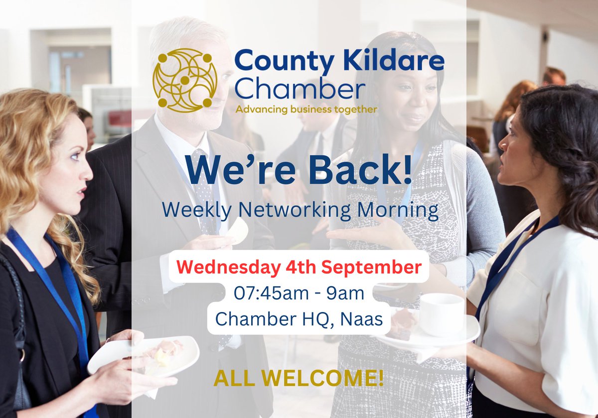 WE'RE BACK! ☕

After the summer break, our weekly Chamber #networking mornings return next Wednesday 4th September in our Chamber HQ in Naas.

Join us for tea/ coffee &amp; networking from 7:45am. 

More details/ RSVP 👉 Jennifer@countykildarechamber.ie