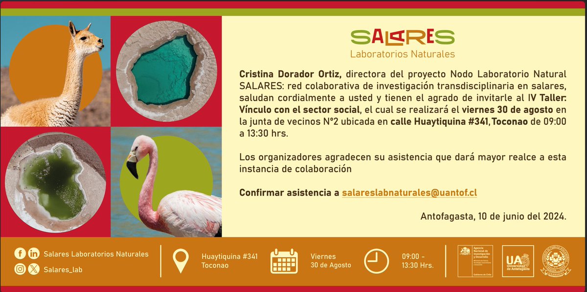 Consejo de Pueblos Atacameños (@cp_atacamenos) on Twitter photo Cristina Dorador Ortiz, directora del proyecto Nodo Laboratorio Natural Salares.
IV Taller: Vinculo con el sector social, este viernes 30 de agosto en junta de Vecinos N2, calle Huaytiquina #341, Toconao.
Confirmar asistencia: salareslabnaturales@uantof.cl Cristina Dorador Ortiz, directora del proyecto Nodo Laboratorio Natural Salares.
IV Taller: Vinculo con el sector social, este viernes 30 de agosto en junta de Vecinos N2, calle Huaytiquina #341, Toconao.
Confirmar asistencia: salareslabnaturales@uantof.cl