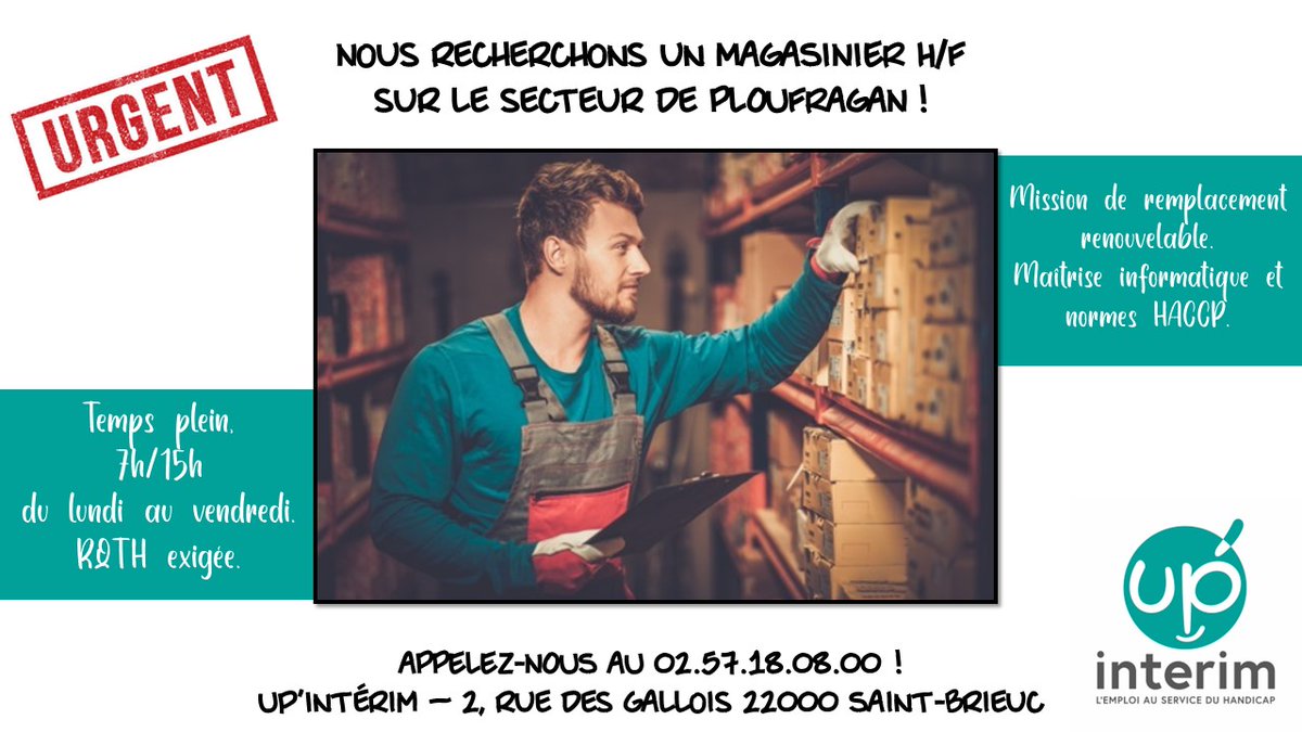 Up_SaintBrieuc's tweet photo. 📢Un magasinier est demandé à la caisse centrale ! Si tu te reconnais dans cette offre de mission, appelle-nous vite ! ☎😊
#job4you #RQTH #inclusion #iciccarecrute #saintbrieucagglo #emploi #upinterim #handicap #handicapable #missions https://t.co/V7fWAxH54f