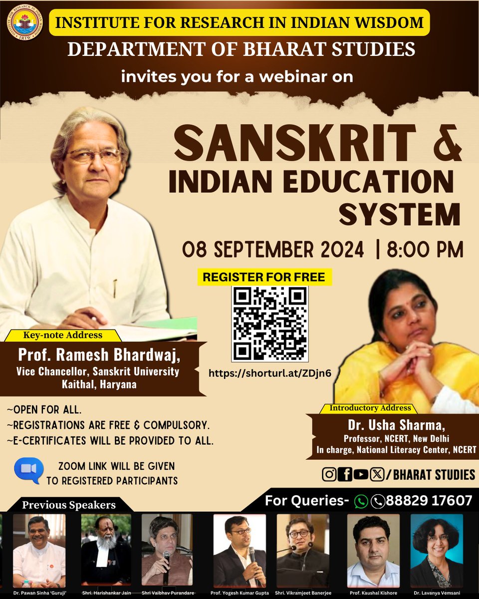 Sanskrit &amp; Indian Education System
A webinar by Department of Bharat Studies

Experts:
1. Introduction: Dr Usha Sharma
2. Key Note: Prof. Ramesh Bhardwaj 

Date: 08 September 2024
Time: 7:50 PM IST
Venue: Zoom Platform
Register: shorturl.at/mGaog

#DBS #Sanskrit #Education
