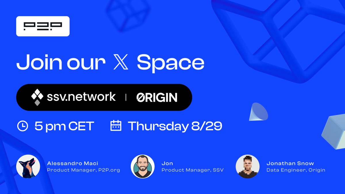 This Thursday 🗓️ Aug 29 ⏰ 5 PM CET / 8 AM PT
 Set your reminders now! 🔔

🎙️ <a href="/alerex_eth/">alerex.eth</a>
🎙️ <a href="/JonR33d/">Jon</a>
🎙️ <a href="/jonathansnow/">Jonathan Snow</a> 

Join us with @originprotocol &amp; <a href="/ssv_network/">SSV Network</a> 💙💙💙