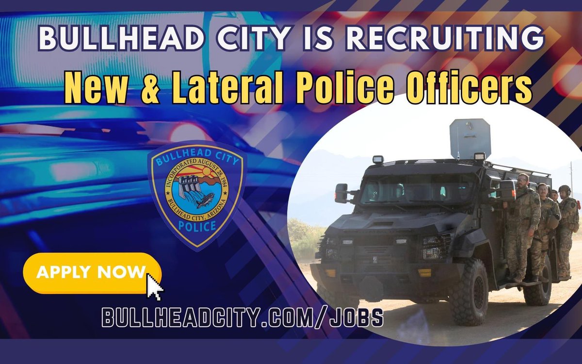 BhcpdNews's tweet photo. Join the Bullhead City Police Dept
🔹Great pay &amp; benefits 
🔹Supportive  Community

We are continually hiring new recruits &amp; lateral police officers. Entry-Level Officers now start at $30 per hour!  
Apply today: https://t.co/oyhJdxiA4b (928) 763-9200

#hiringnow #policejobs https://t.co/zFnctGBVjl